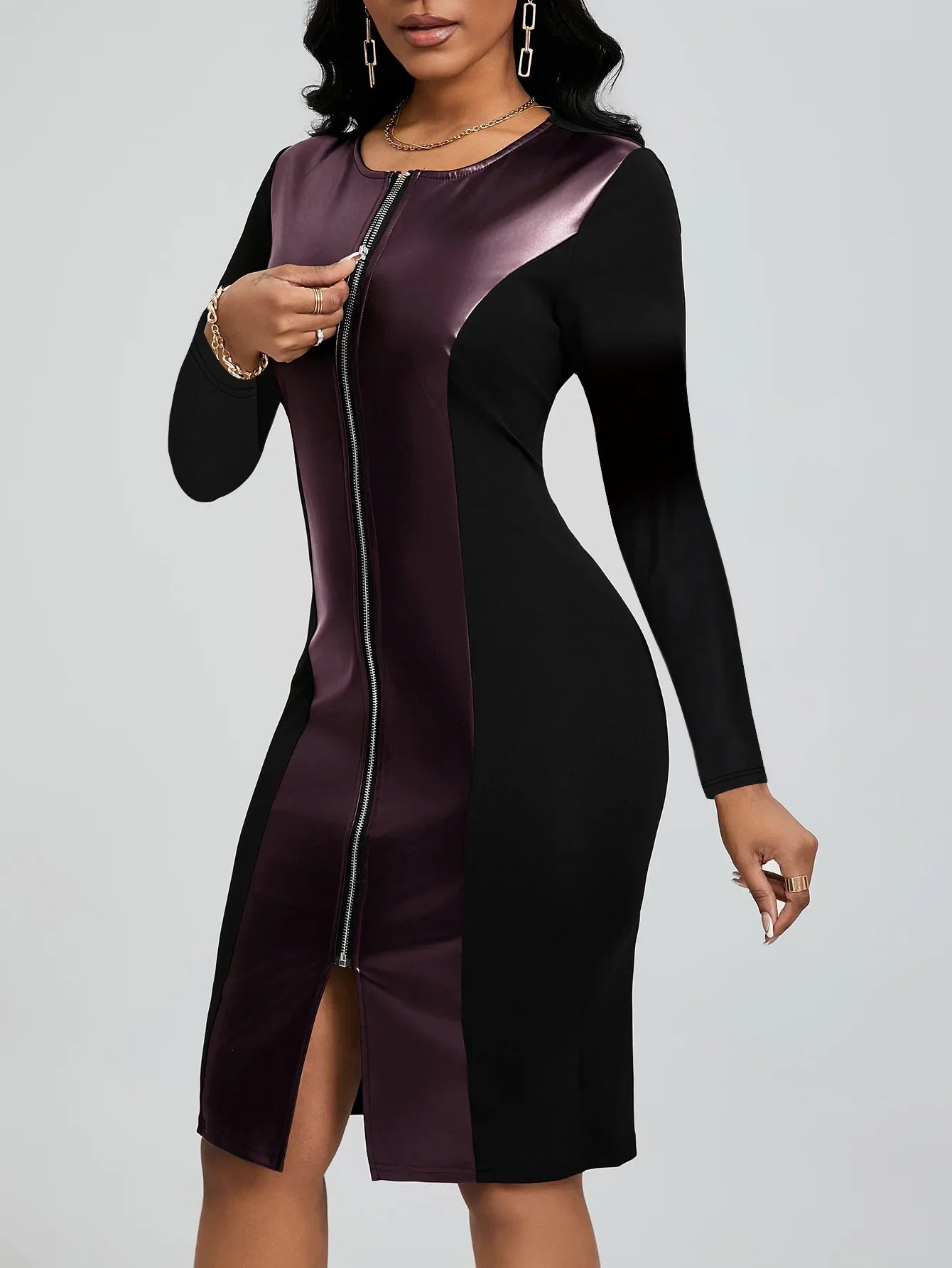 Plus Size Elegant Zipper PU Leather V-Neck Midi Long Sleeve Bodycon Dress Women's plus Size Dress Fashionable Cross-Border Gown