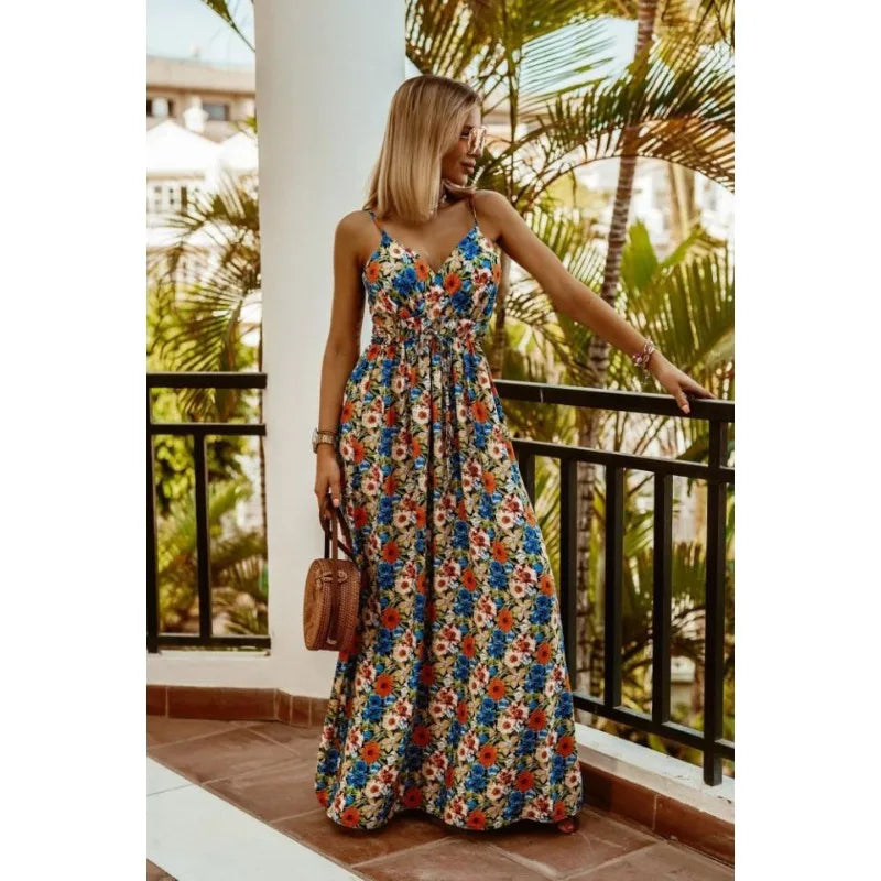 Spring Summer Elegant Women Corset Bohemian Dress Sexy New 2024 Fashion Strap V Neck High Waist Print Long Vacation Dress
