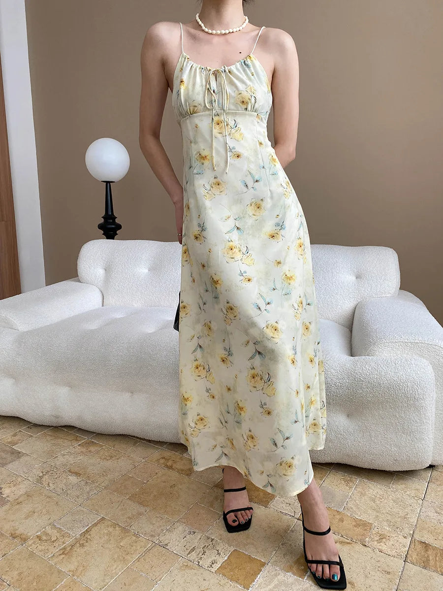 Spring and summer women's casual flower print slim fit suspender dress