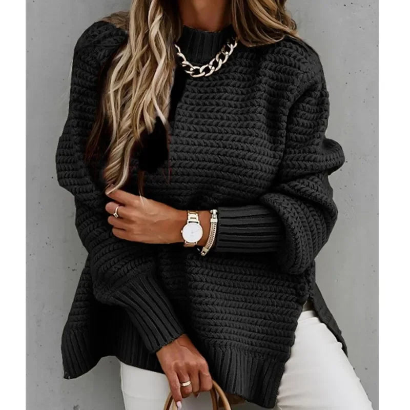 Knit Sweaters Women Half High Collar Full Sleeve Thick Splice Jumpers Solid Casual Split Pullovers Office Lady Elegant 2024