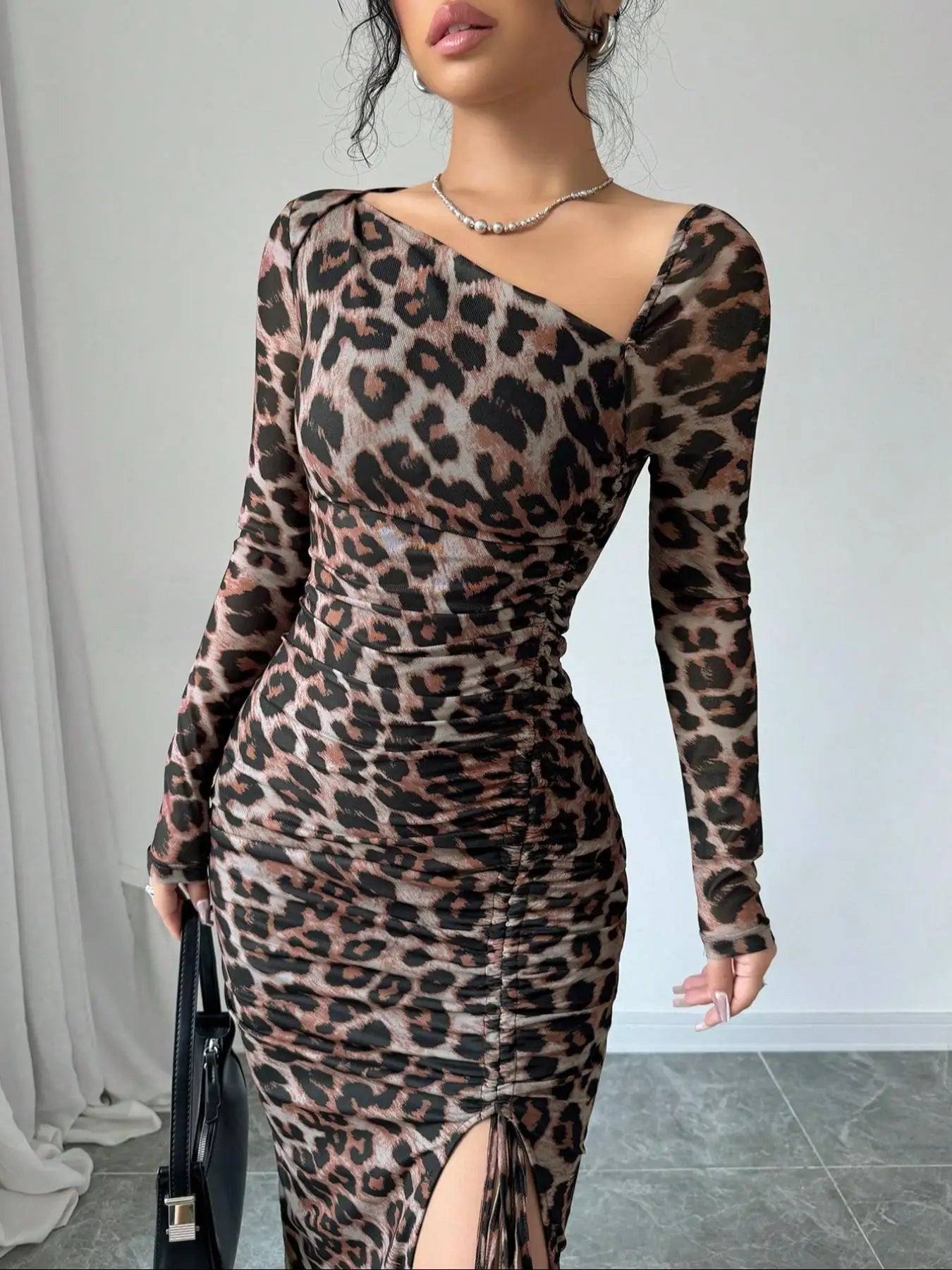 Sexy Leopard Print Women's Dresses Fashion Ruffled Sexy Slit Party Dress For Women Spring Summer Bodycon Package hip Vestidos