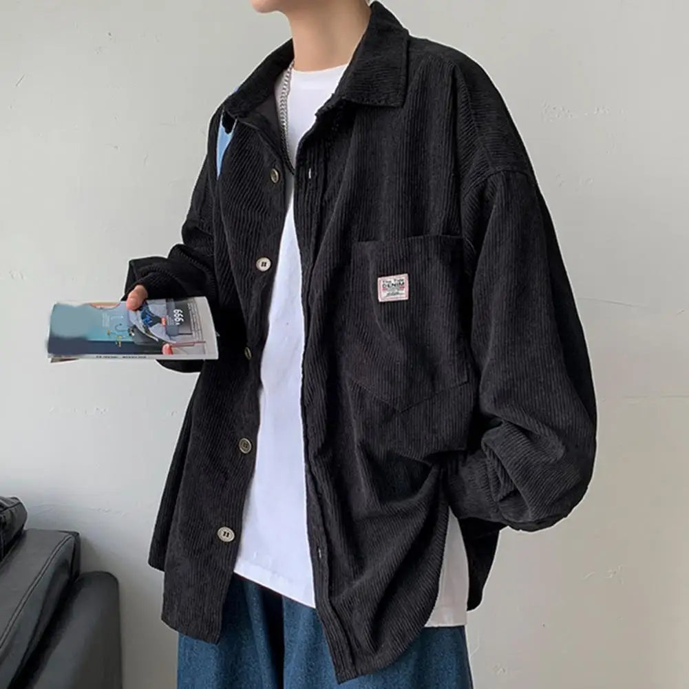 Spring Shirt Single-breasted Placket Casual Warm Corduroy Patch Pocket Men Tops Men Tops for Work