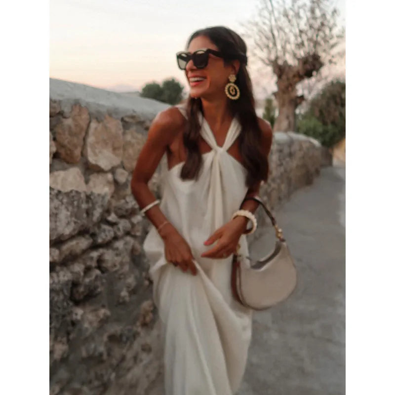 2025 Spring Women's High Street Sexy White Off-the-shoulder Halter Pleated Floor-length Dress Fashion Sleeveless Loose Dress