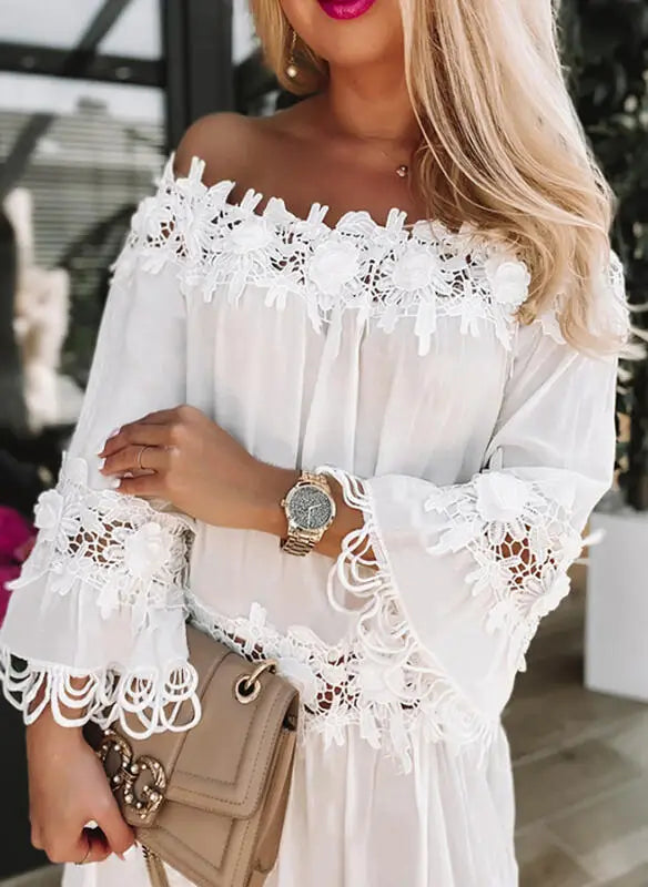Spring Autumn New Women Sexy Strapless One Shoulder Solid Color Dinner Dresses Fashion Lace Lace Casual Loose Party White Dress