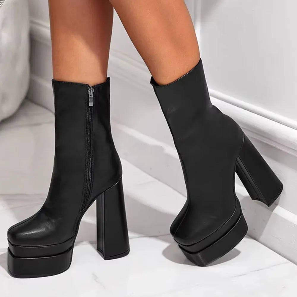 DoraTasia INS street Snap Charming Round Head Platform Chunky Heel Women's Mid-calf Boots Punk Combat Side Zipper Boots Woman