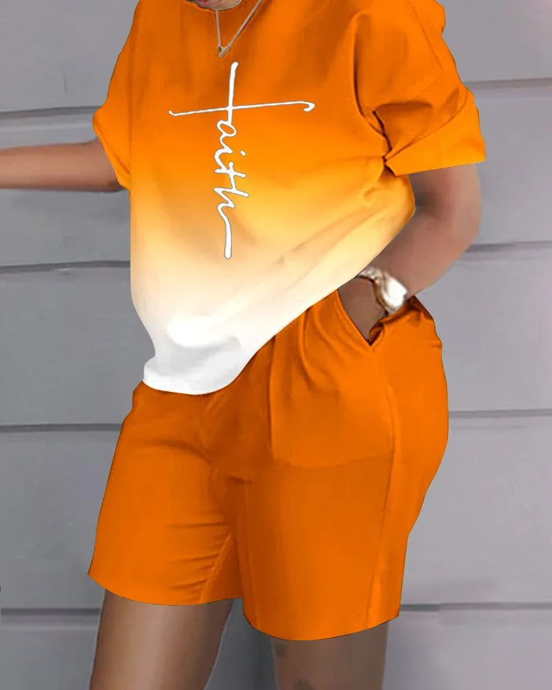 Women's clothing, round neck printed loose short sleeved T-shirt, shorts, casual sportswear, novelty for summer 2024