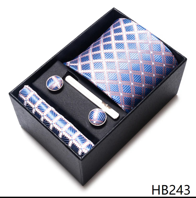 Tie Handkerchief Cufflink Set For Men Necktie Holiday Gift Box Blue Gold Suit Accessories Slim Wedding Gravatas
