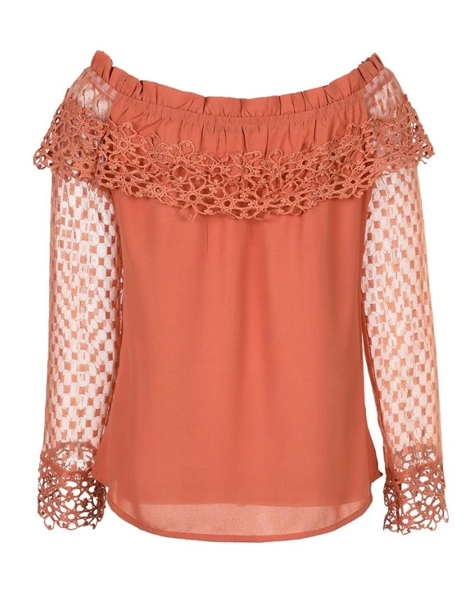Elegant Women's blouses Fashion 2024 Lace Spliced Off Shoulder Guipure Lace Long Sleeve Tassel Drawstring Top