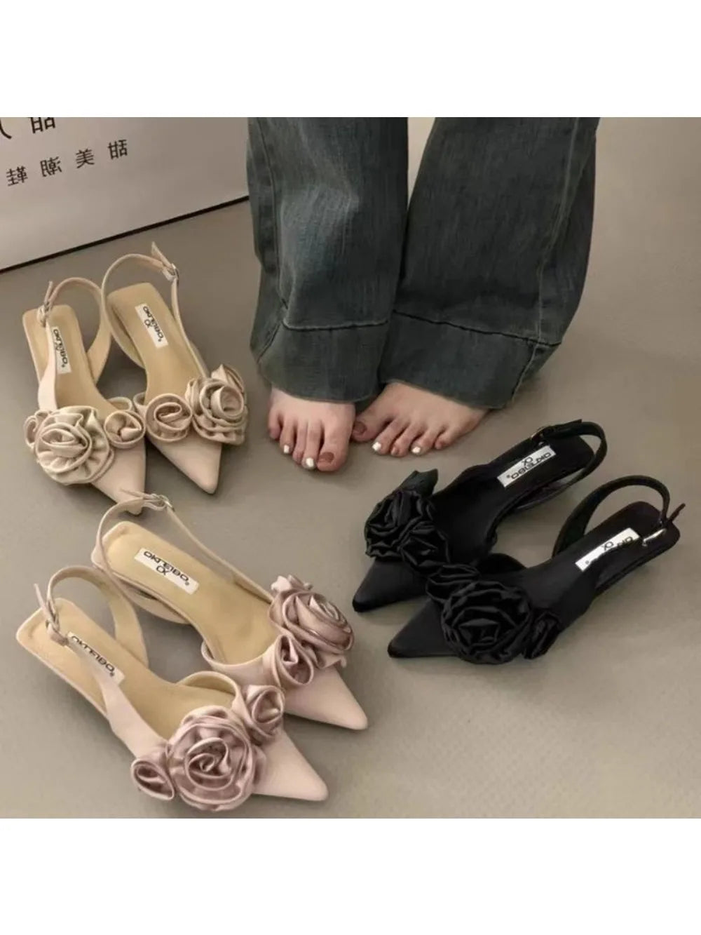 New Brand Women Sandal Fashion Flower Ladies Elegant Dress Slingback Shoes Thin Low Heel Dress Mules Pumps
