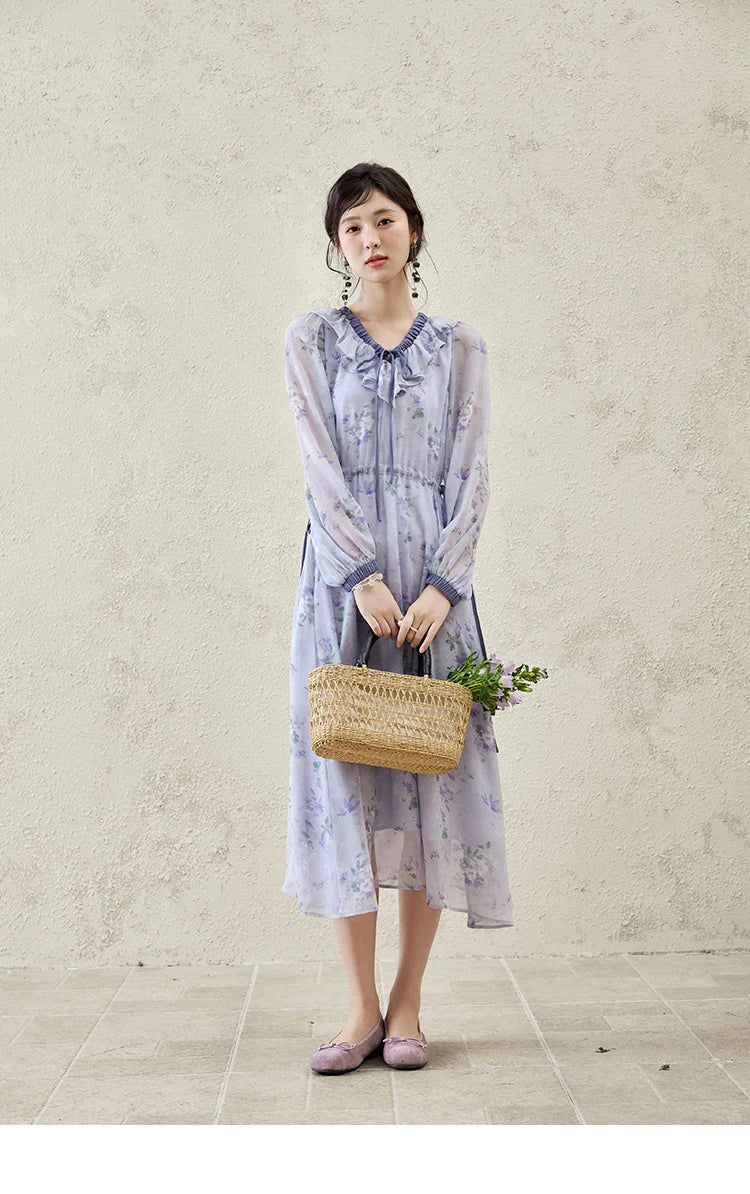MISHOW Print Spring Summer Dress for Women New 2025 Ruffled V-neck Long Sleeve Blue French Dresses Female Fashion MXE15L2139