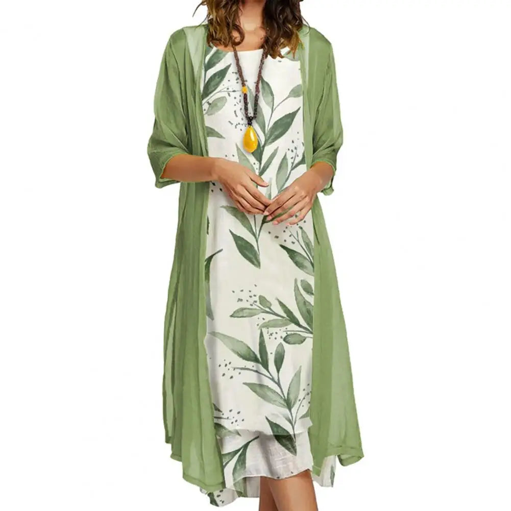 Female 1 Set Stylish Vintage Round Neck Dress Two-Piece Ladies Dress Set Floral Print for Party