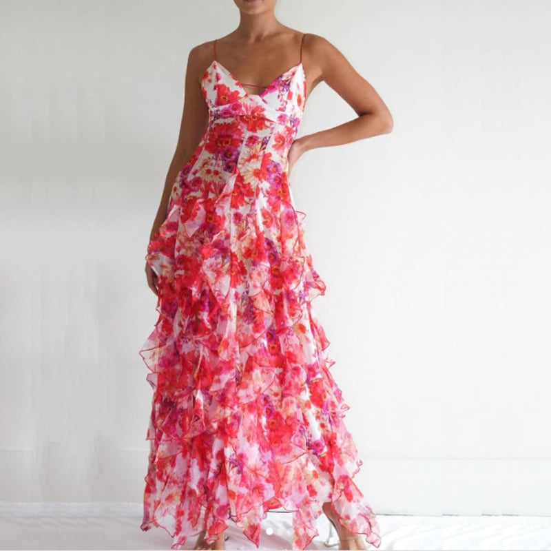 Spring Summer Floral Print Slim Chiffon Dress Female Fashion V Neck Ruffle Long Dress Elegant Sleeveless Party Dresses Vestidos