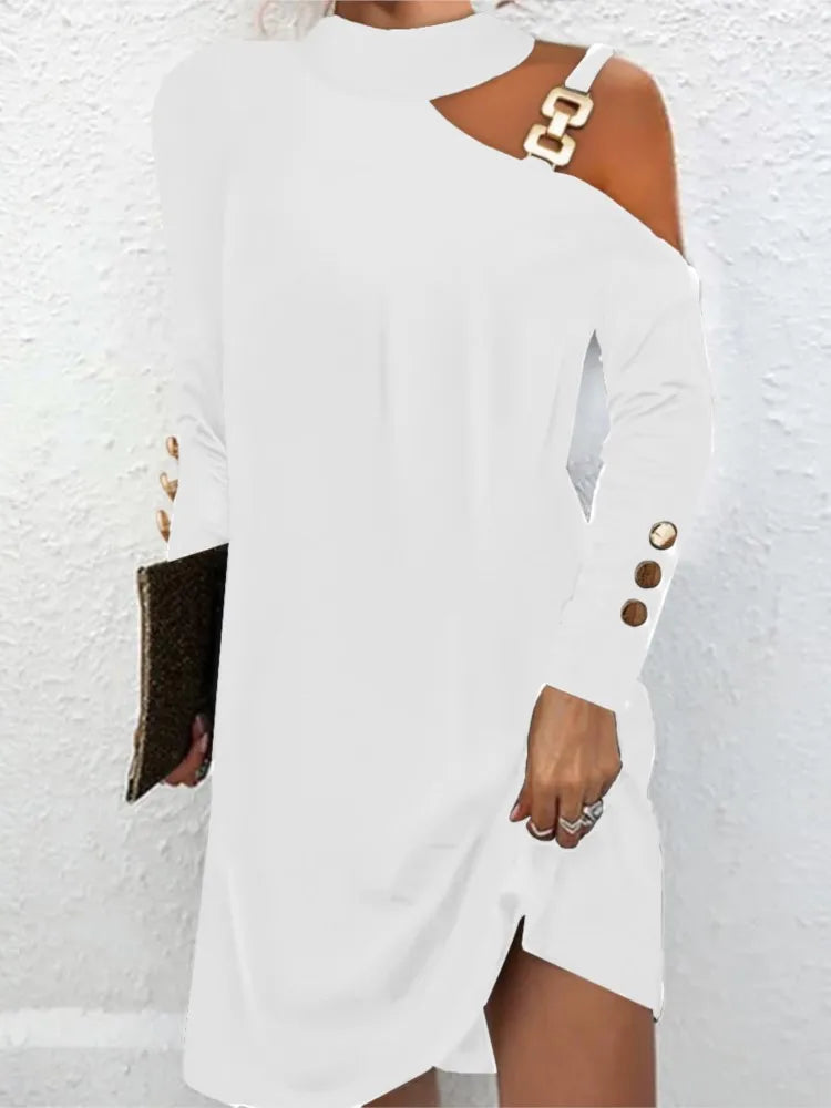 Fashion Women Solid Casual Dress Autumn Winter Female Elegant Long Sleeve Metal Buckle Halter Neck Casual Mini Dress Robe Femme