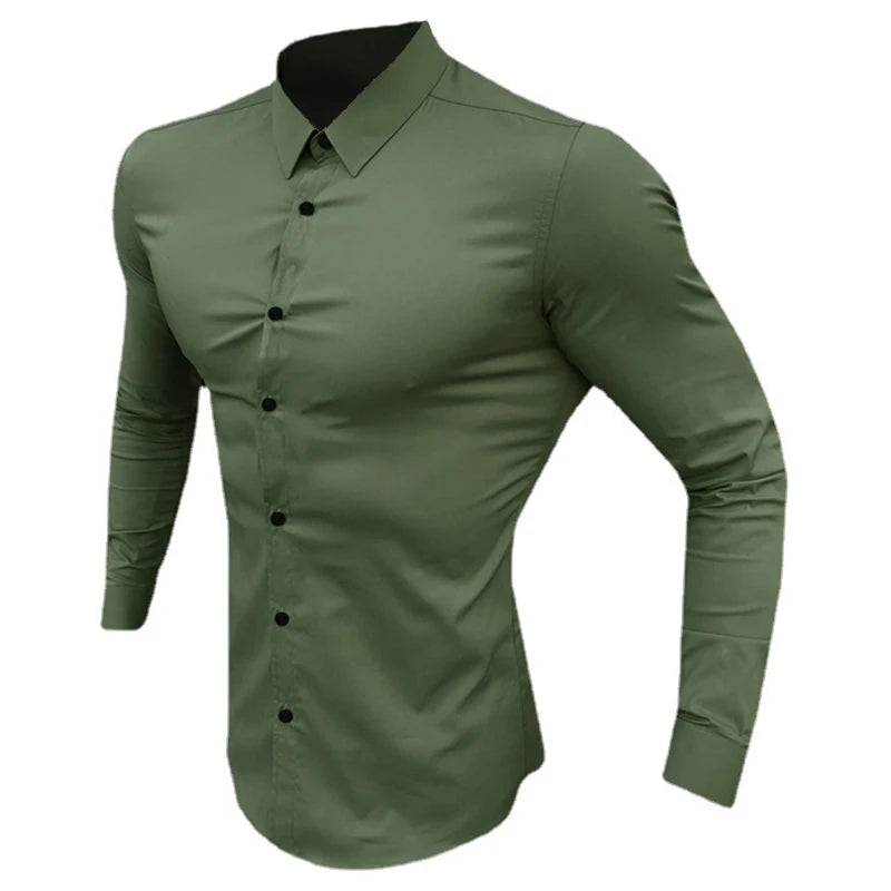 Spring Autumn New Fashion Long Sleeve Shirt Mens Super Slim Fit Luxury Classic Turn-down Single Breasted Business Dress Shirt