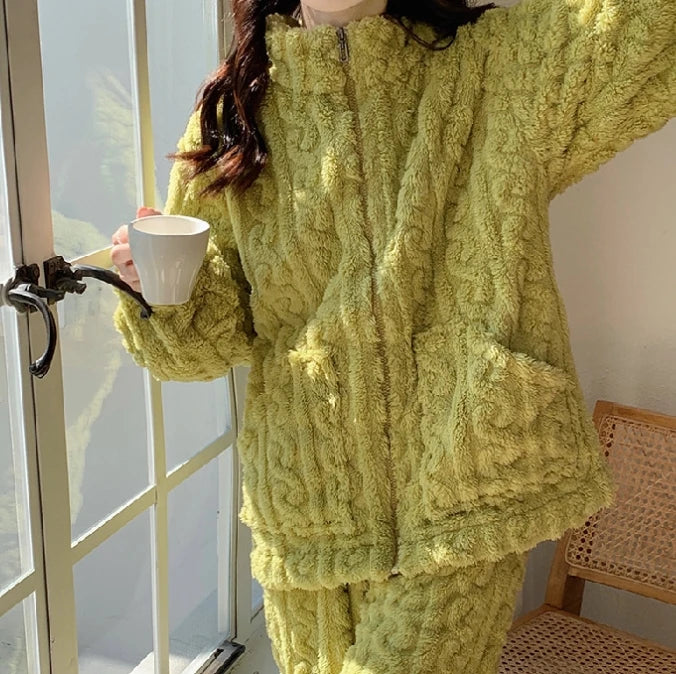 Thickened Warm 2Pcs Pajamas Set Jacquard Textured Stand Collar Zip Up Fuzzy Teddy Top & Pants Set Striped Nightwear Loungewear