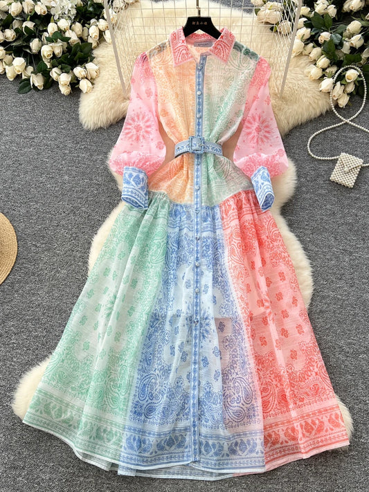 Spring Summer 2025 New Women Fashion Rainbow Print Elegant Shirt Long Dresses Vintage Single Breasted Party Dress Bohemian Trend