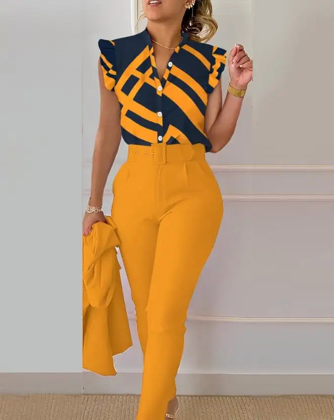 Two Piece Sets Womens Outifits 2023 Summer Fashion Geometric Print Flutter Sleeve Stand Collar Top & Pocket Pants Set with Belt