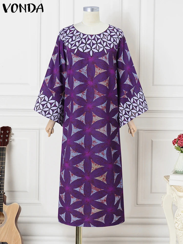 Plus Size 5XL VONDA Women Bohemian Printing Maxi Dress 2025 Vintage Sundress Casual 3/4 Sleeve Party Robe Loose O-Neck Vestidos