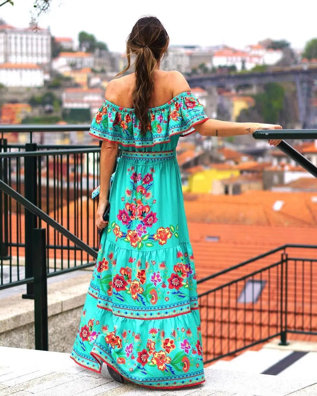 2024 Spring Summer Women's New Sexy One Shoulder Off Shoulder Fashion Red Flower Printed Lace Up Waist Long Swing Dress