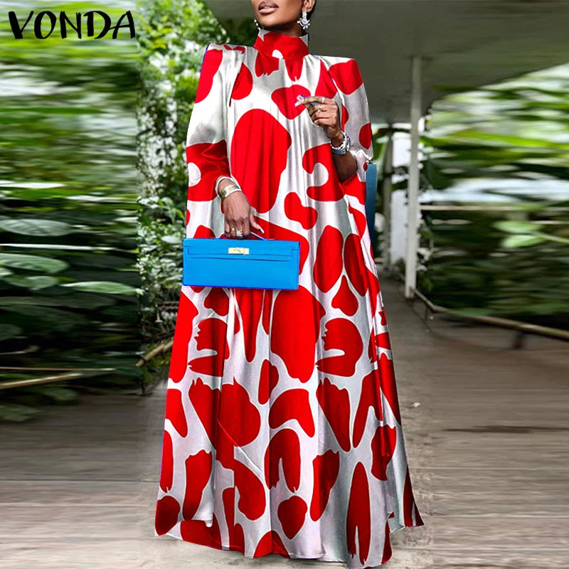 VONDA Women Elegant Printing Maxi Long Dress 2024 Casual Stand Collar Robes Bohemian Bat-wing Sleeve Party Vestidos Oversized