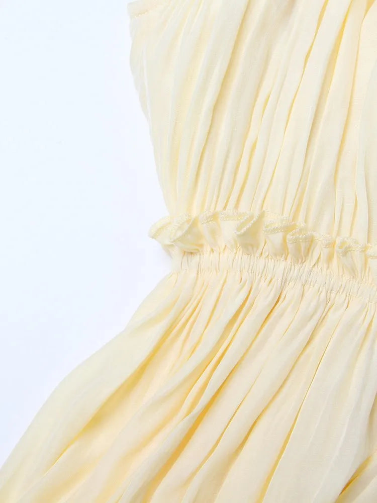 TWOTWINSTYLE Elegant Solid Dresses For Women V Neck Cloak Sleeves High Waist Spliced Lace Up Ruffles Pleated Dress Female Summer