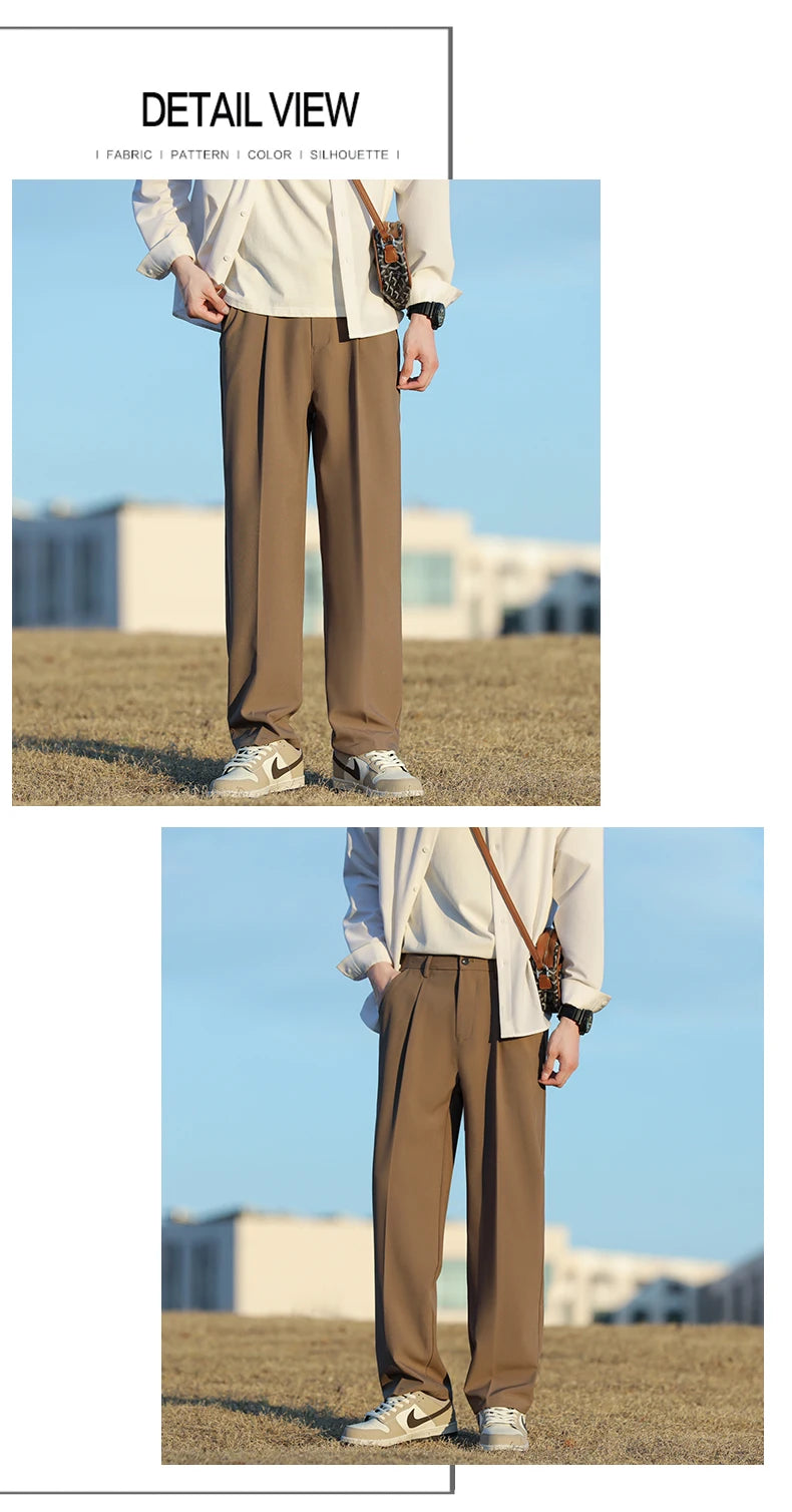 Spring Summer Men Suit Pants Wide Leg Long Drape Trousers Fashion Streetwear Clothing Solid Stretch Waist Oversize Pants Black
