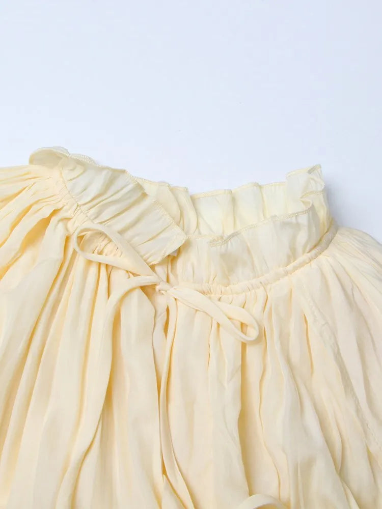 TWOTWINSTYLE Elegant Solid Dresses For Women V Neck Cloak Sleeves High Waist Spliced Lace Up Ruffles Pleated Dress Female Summer