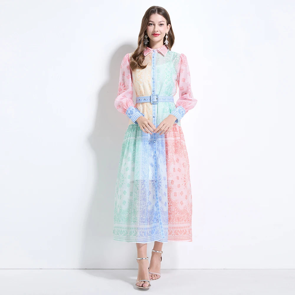 Spring Summer 2025 New Women Fashion Rainbow Print Elegant Shirt Long Dresses Vintage Single Breasted Party Dress Bohemian Trend