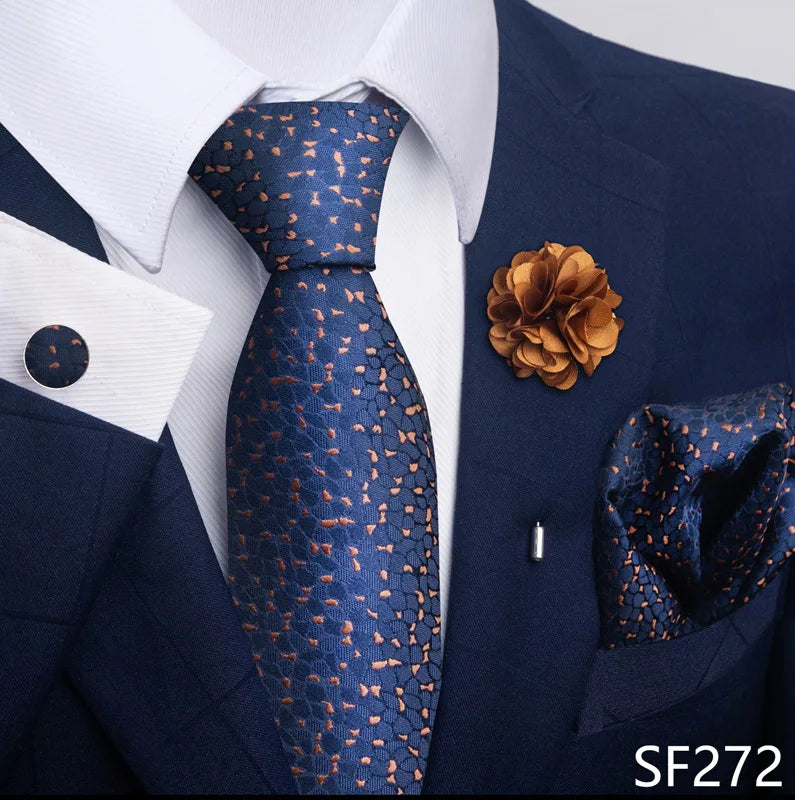 Luxury Mens Ties Floral Black Gold Ties Paisley NeckTie Pocket Square Cufflinks Brooch Set Men's Wedding Party Tie