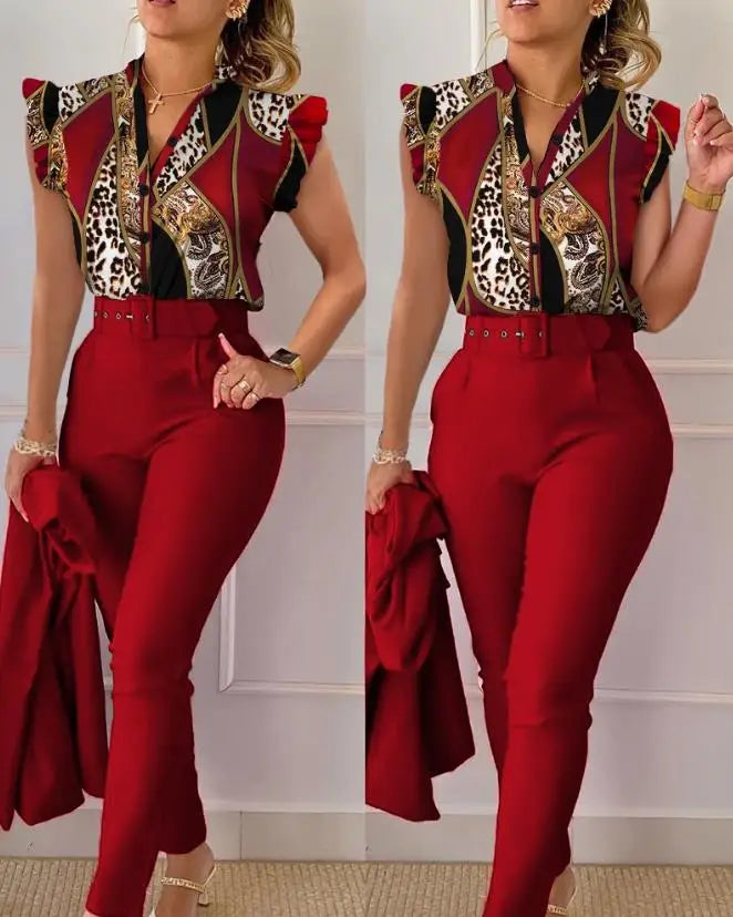 Two Piece Sets Womens Outifits 2023 Summer Fashion Geometric Print Flutter Sleeve Stand Collar Top & Pocket Pants Set with Belt