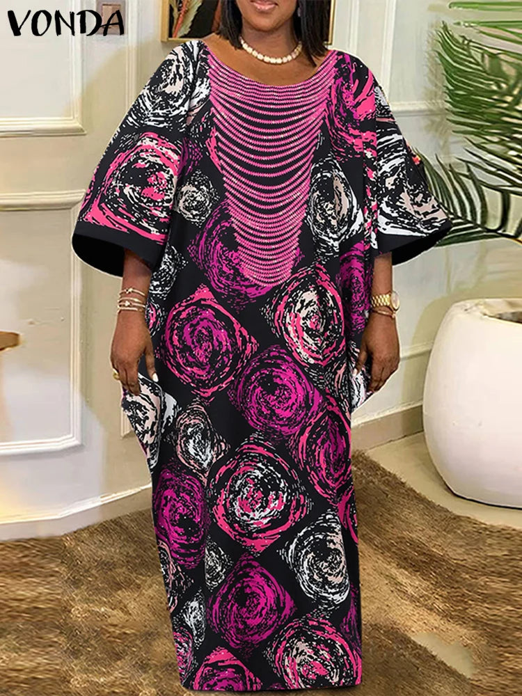 Plus Size VONDA Women Foral Printing Bohemian Maxi Dress 2025 Causal Puff Sleeve Sundress Holiday Eelgant Vestido NO Tassel