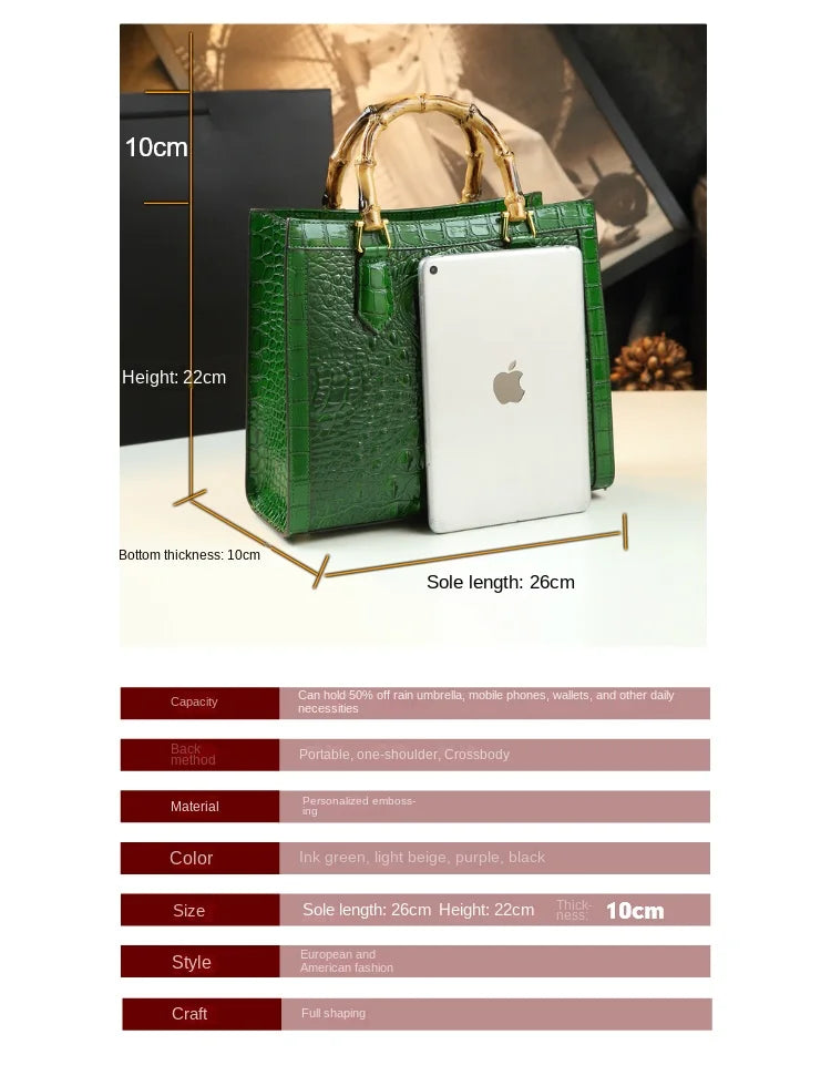 Crocodile Pattern Leather Women's Handbags Bamboo Handle Portable Tote Bag Mom Tide Shoulder Messenger Bags 2025 New Fashion