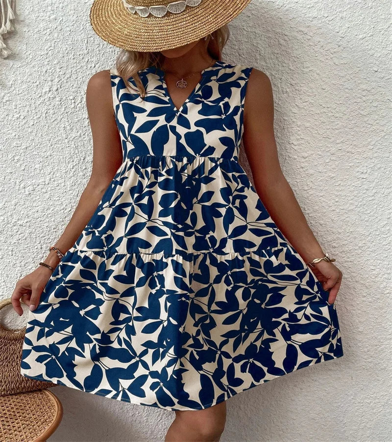 Spring and summer 2024 European and n Ladies Elegant Dress Bohemian fashion loose V-neck ruffle print dress