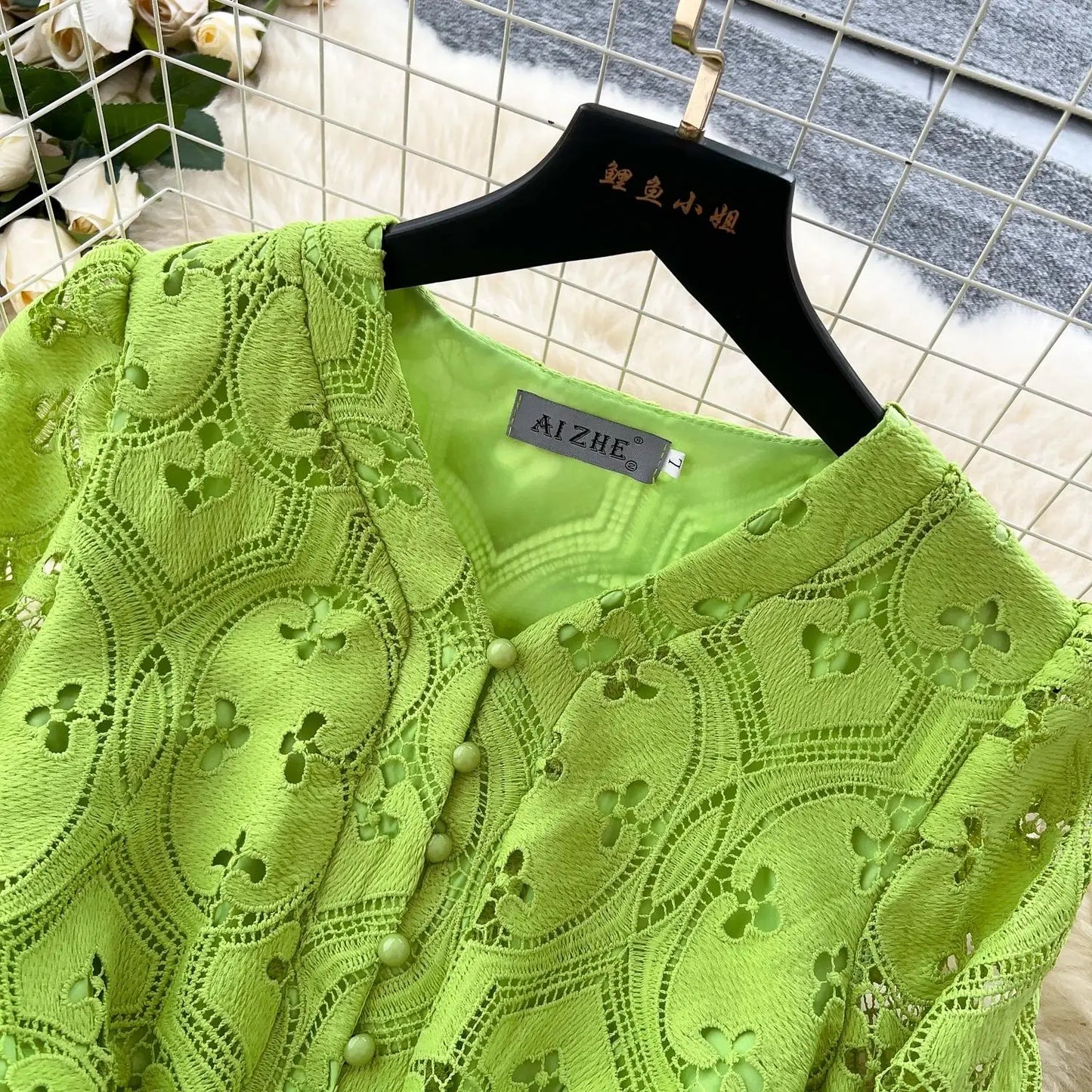 Spring French Vacation Fashion Dress Women Buttons Hook Flower Hollow Out Design 2025 High Quality Lace Ruffles Long Dress