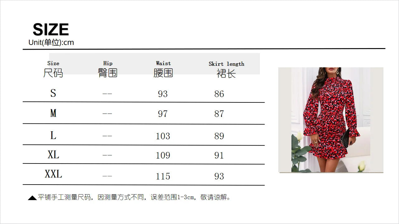 Spring And Autumn Women's Fashionable Red Mini Dress With Elegant Printed Pleated Long Sleeved Stand Up Collar Ruffle Edge Dress