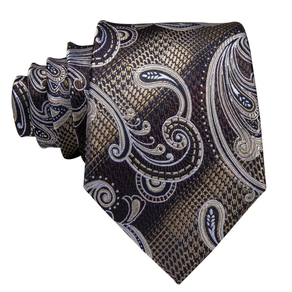 Hi-Tie Paisley Brown Tie For Men Elegant Mens Necktie Pocket Square Cufflink Groom Wedding Accessory Wholesale New Designer