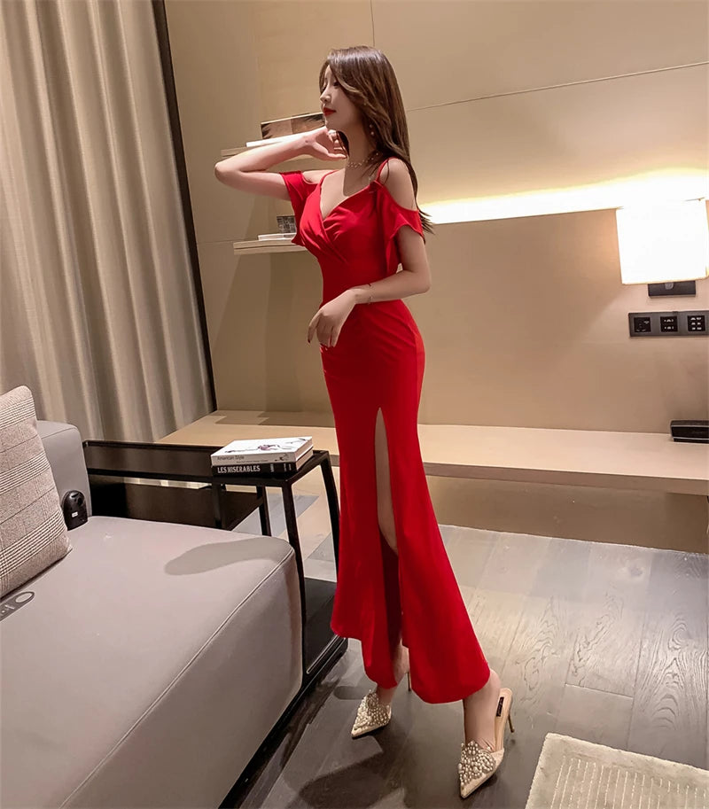 Spring Women Red Evening Party Dresses Short Sleeve V Neck Fit And Flare Long Maxi Summer Dress Lady Prom Gown Robe Longue Femme