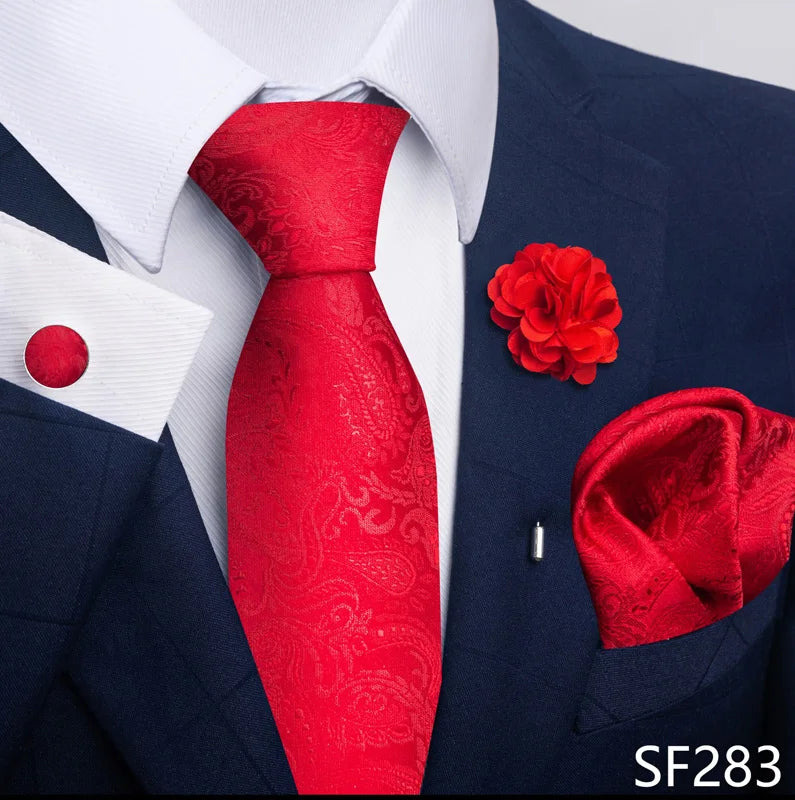 Luxury Mens Ties Floral Black Gold Ties Paisley NeckTie Pocket Square Cufflinks Brooch Set Men's Wedding Party Tie