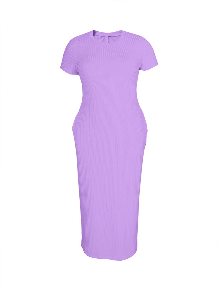 Plus Size 2024 Summer New Round Neck Short Sleeve Slim Hottie Ladies' Stylish Summer Solid Versatile Bodycon Dress