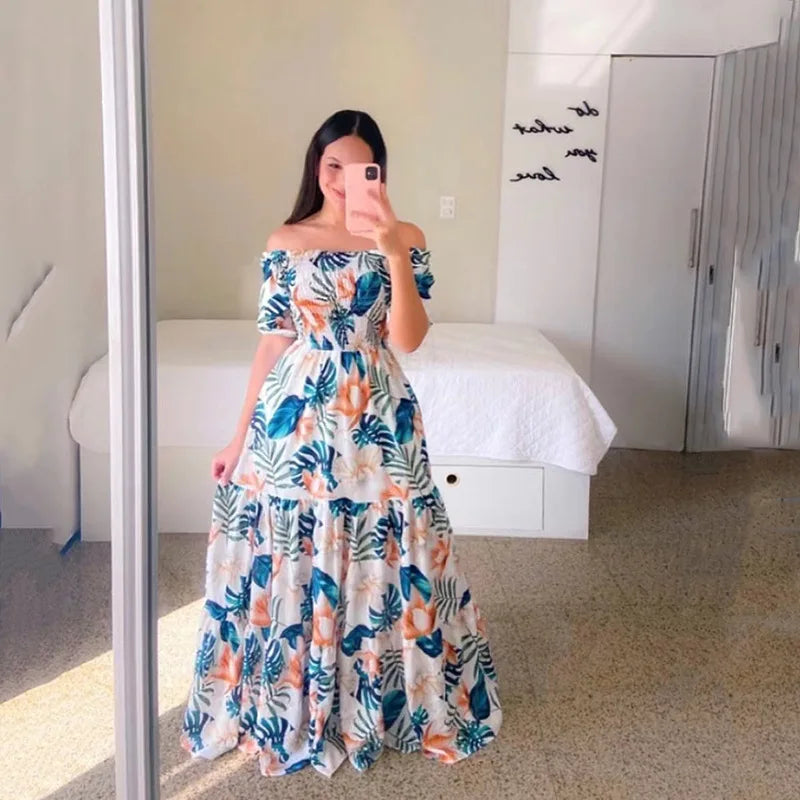 Spring Summer Sexy Off Shoulder Maxi Dress Woman Fashion Flower Print Short Sleeve Dresses For Women 2023 Elegant Party Robe