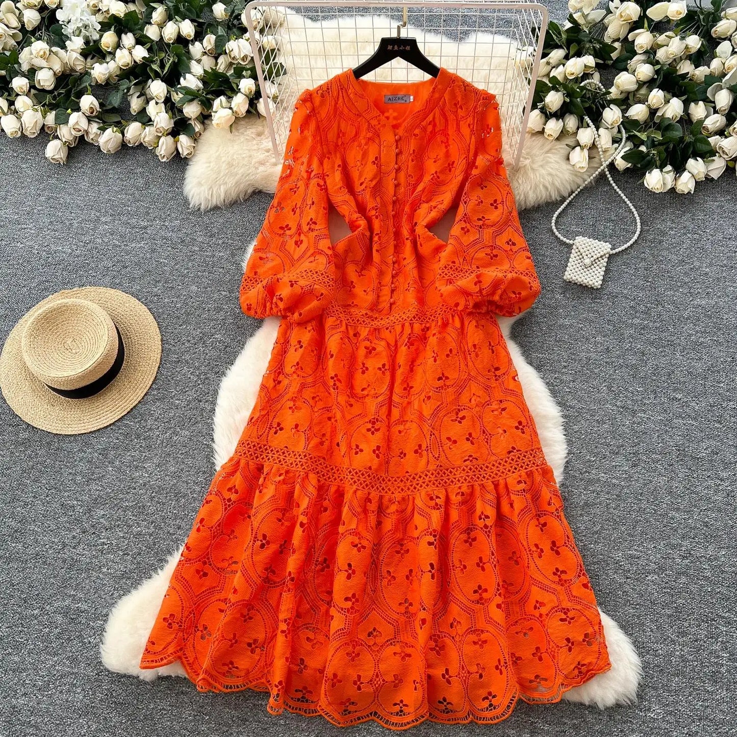 Spring French Vacation Fashion Dress Women Buttons Hook Flower Hollow Out Design 2025 High Quality Lace Ruffles Long Dress