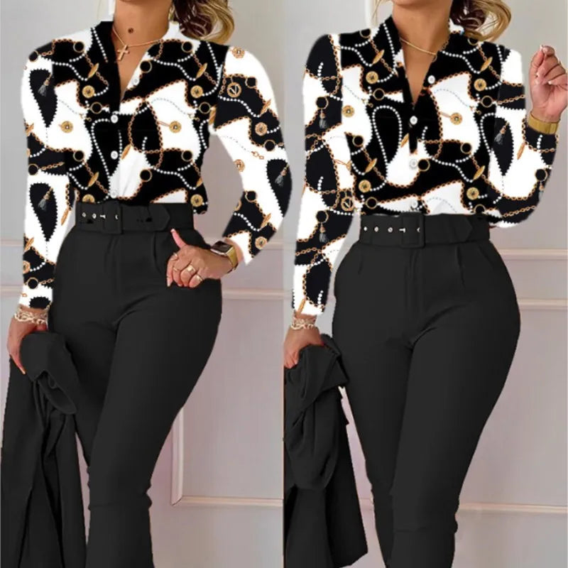 Women's Elegant Autumn/Winter Printed V-Neck Long Sleeve Button Shirt Top Fashion Solid Color Long Pants 2 Piece Set With Belt