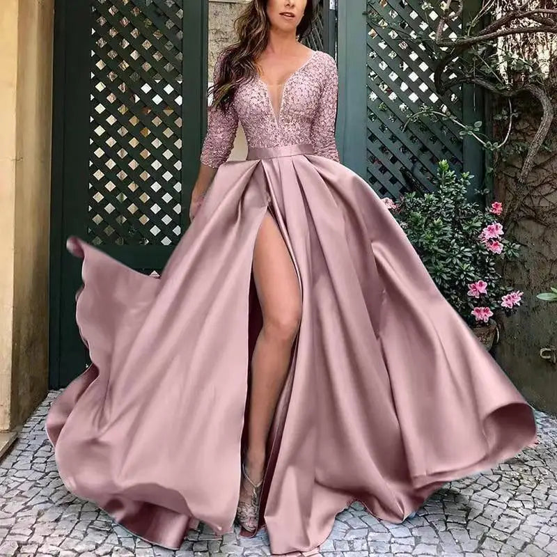 Women's Dress Spring Sexy Slim Lace Stitching Split Dress Women's Fashion Long Sleeve V-neck High Waist Party Formal Dress