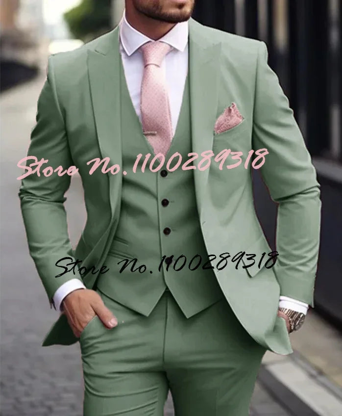 Pink Luxury Men's Suits Terno Formal Outfits 3 Piece Jacket Pants With Vest Slim Fit Luxury Costume Homme Formal Occasion Terno