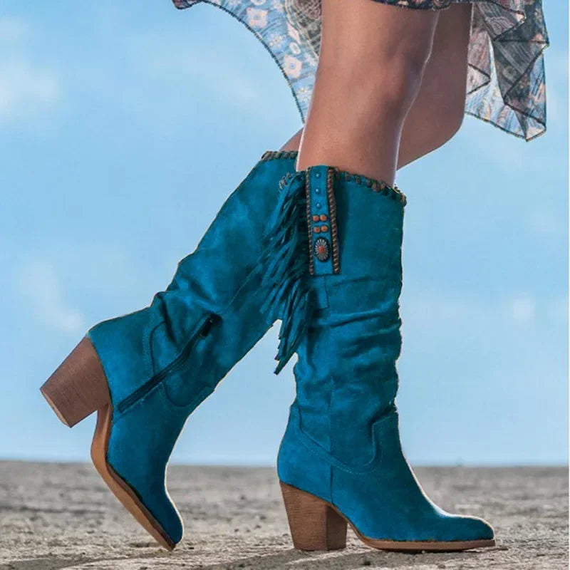 Women High Boots Trend Retro Metal Buckle Pointed Toe Thick Heel Tassle Western Cowboy Boots Female Shoes Botas De Mujer 2024