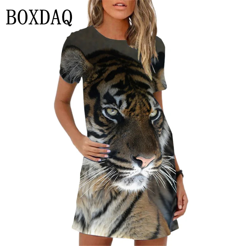2024 New Spring Women Dresses Fashion Tiger Pattern Printing Short Sleeve Dress Summer Casual Oversized A-Line Mini Dress Womans