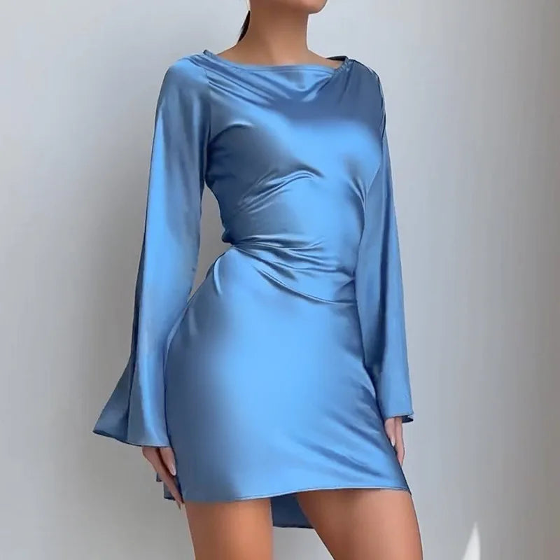 Satin Dress for Women Fashion Vintage Streetwear Dresses Solid Slim Long Sleeve Lace Up Mini Autumn Winter Dresses
