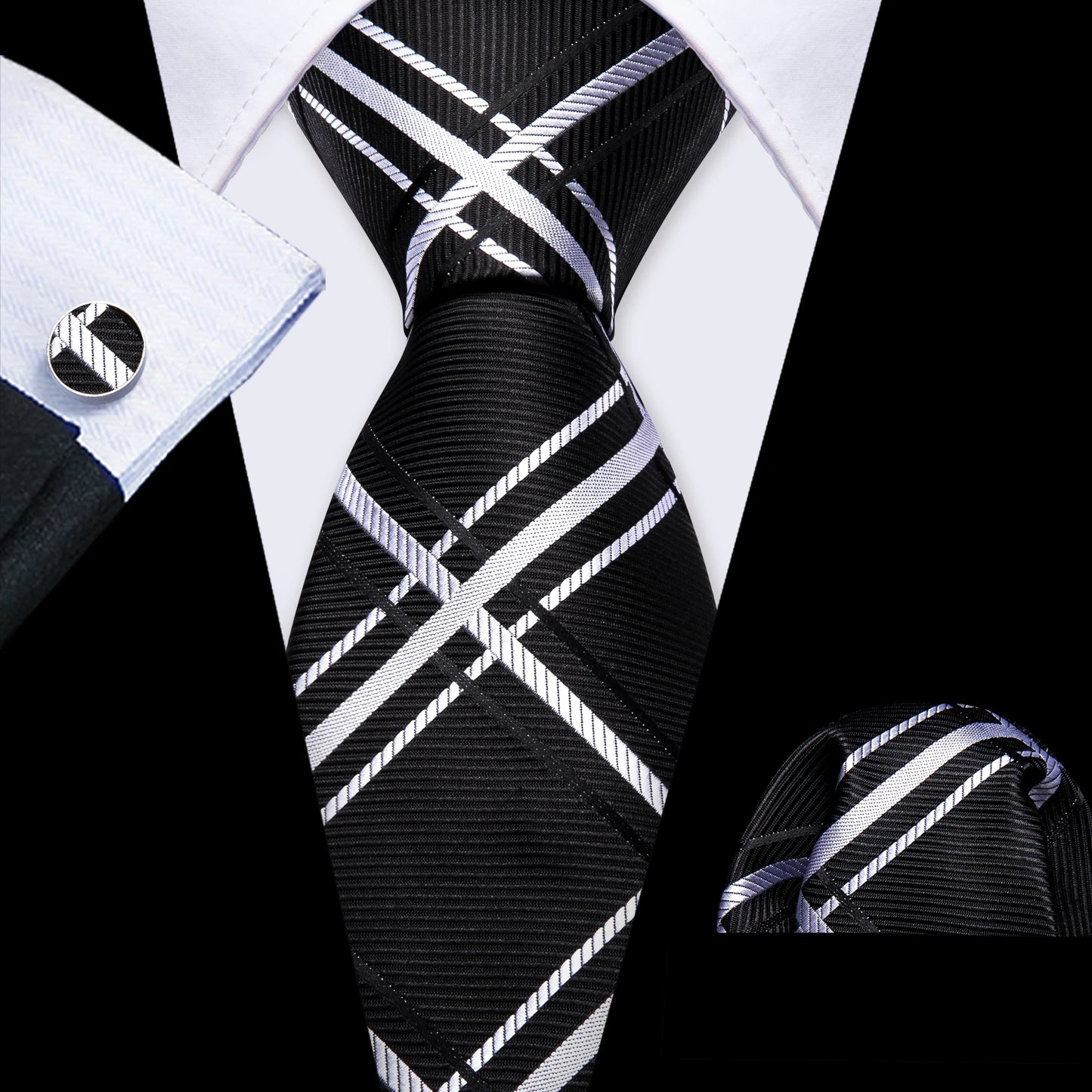 Barry.Wang Black White Gray Silver Silk Men Tie Handkerchief Cufflinks Set Jacquard Necktie for Male Wedding Business Party Gift