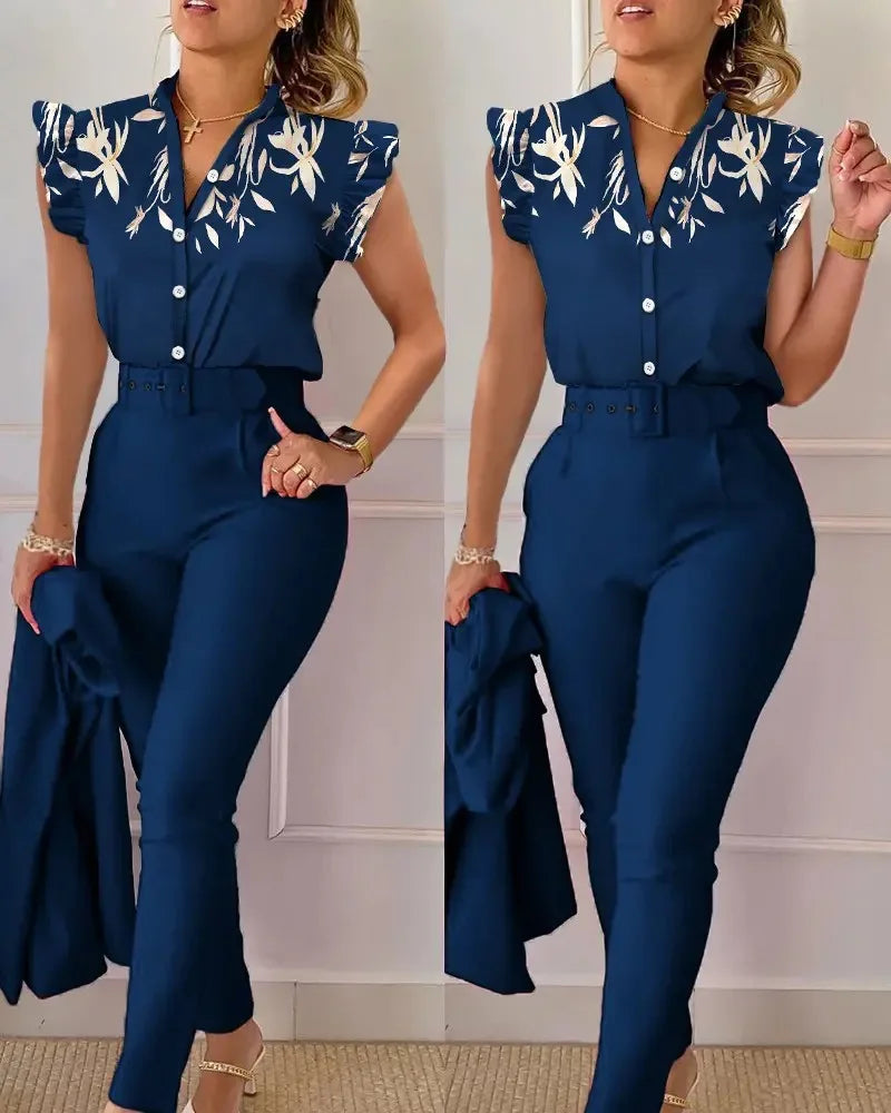 Elegant Women Printed Two Piece Suit Sets Spring Autumn V Neck Short Sleeve Shirt Top & Long Pants Set With Belt Workwear Outfit