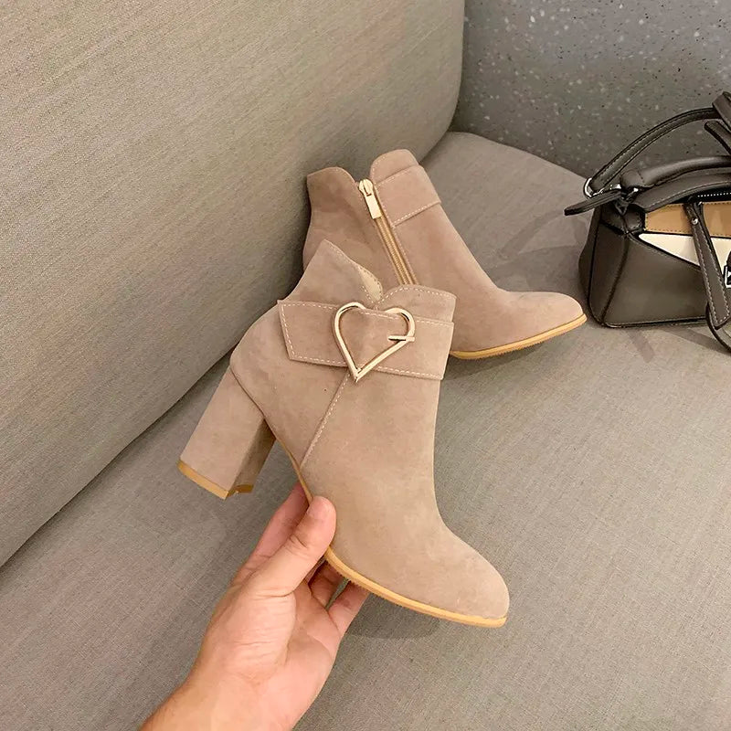 Women's Chunky Heeled Ankle Boots, Solid Color Side Zipper High Heels, Stylish Short Boots